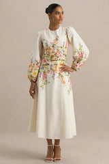 Dahlia | White Floral Border Print High-Neck Midi Dress
