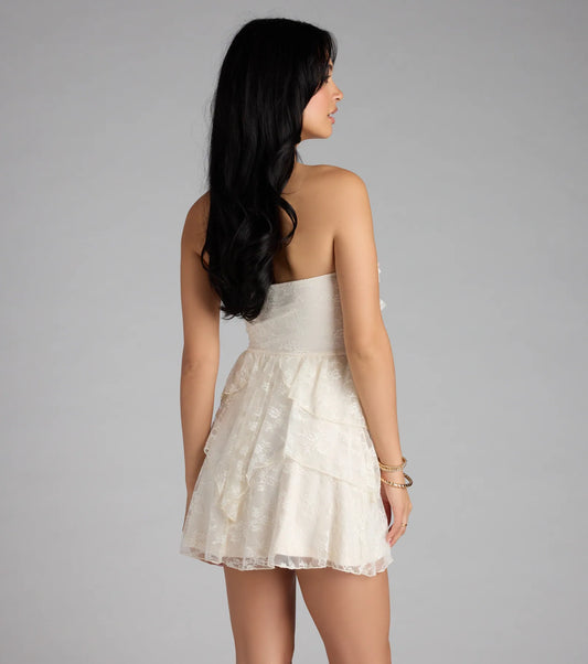 Love Stories Tie Front Ruffle Lace Skater Dress