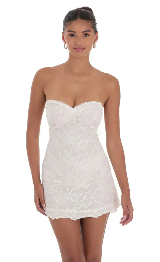 Embroidered Floral Strapless Dress in White