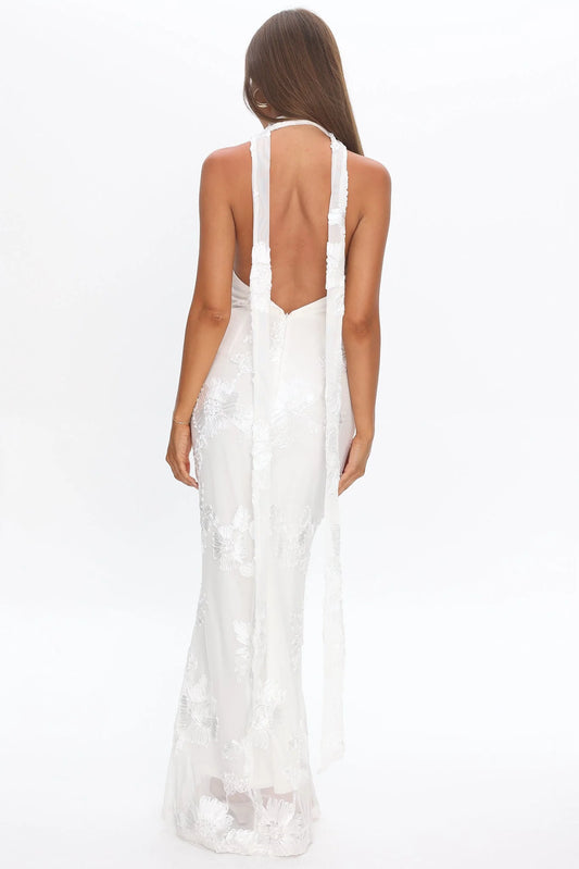 Cipriana Backless Halter Maxi Dress Embellished Floral White