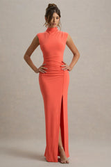 Lanetta | Coral Ruched High-Neck Maxi Dress With Split