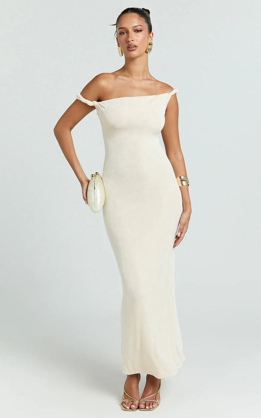 Isabel Midi Dress - Twist Off Shoulder Bodycon Dress in Cream