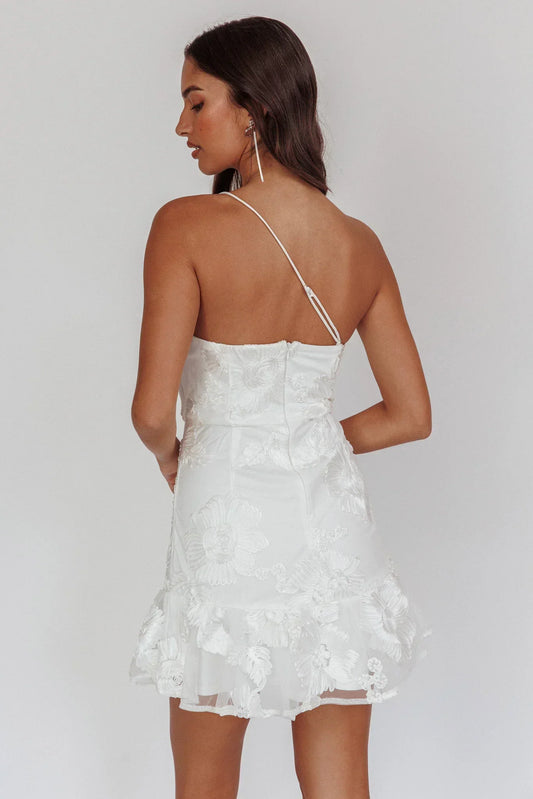 Lilah One-Shoulder Embellished Rosette Dress White