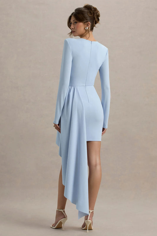 Zaya | Powder Blue Long Sleeve Mini Dress With Drape