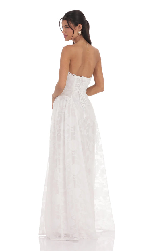 Floral Lace-Up Maxi Dress in White