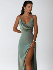 Alenya – Satin dress with waterfall neck and high slit