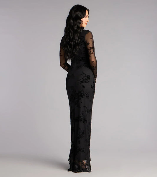 Irene Flocked Ruffle Slit Formal Dress