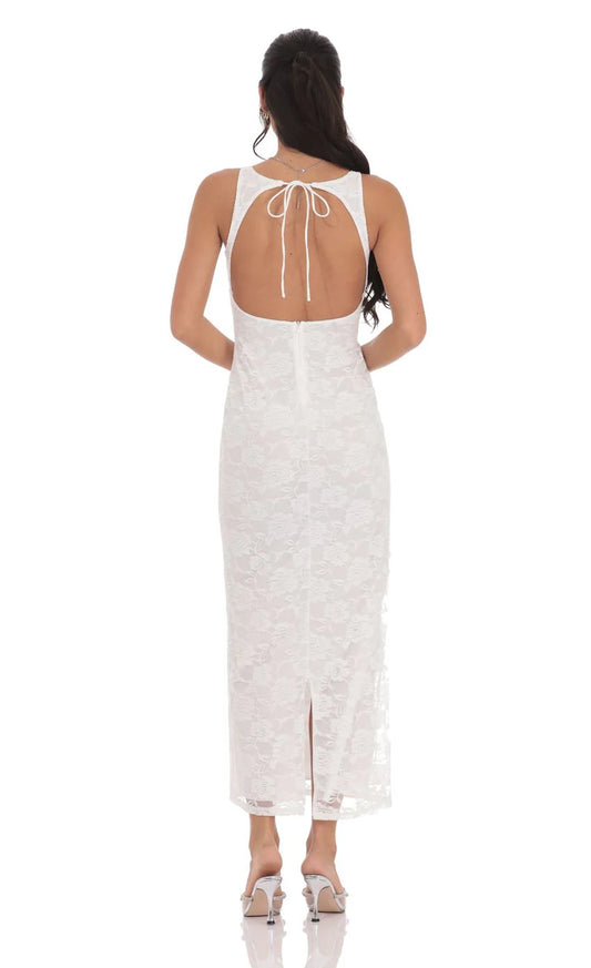 Lace Open Back Bodycon Maxi Dress in White