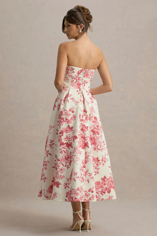 Annalise | Pink Porcelain Print Bandeau Skater Midi Dress