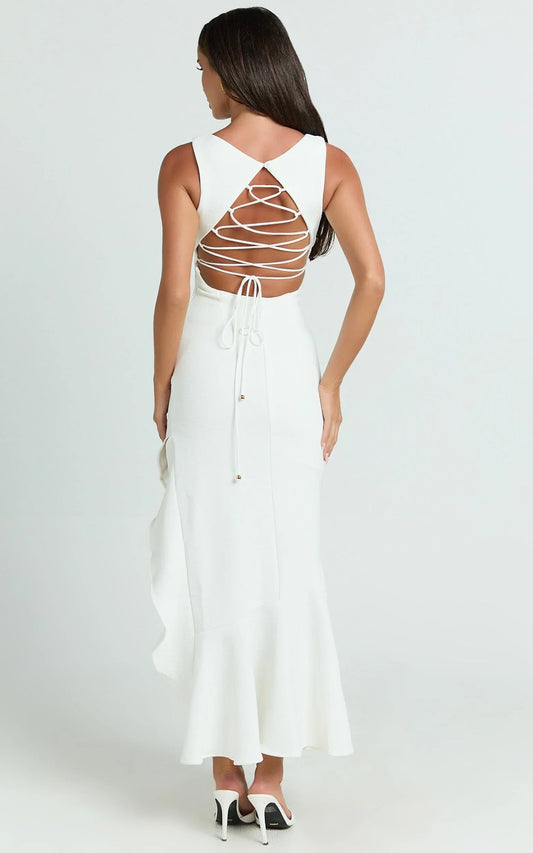 Luiza Midi Dress - Ruffle Hem Corset Back Dress in White