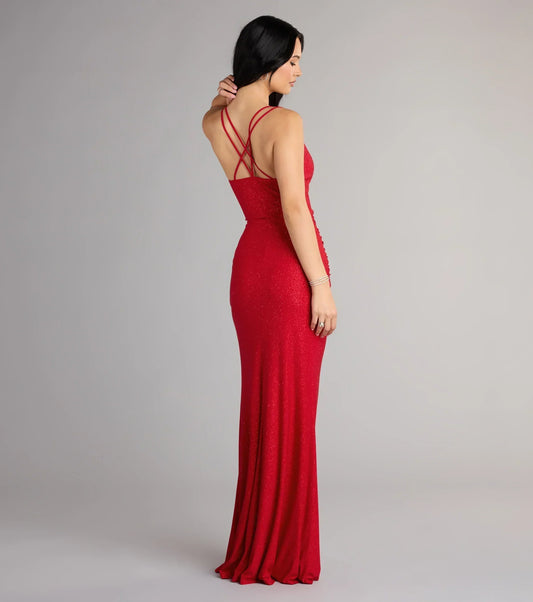 Riley Glitter Ruffle Slit Mermaid Formal Dress