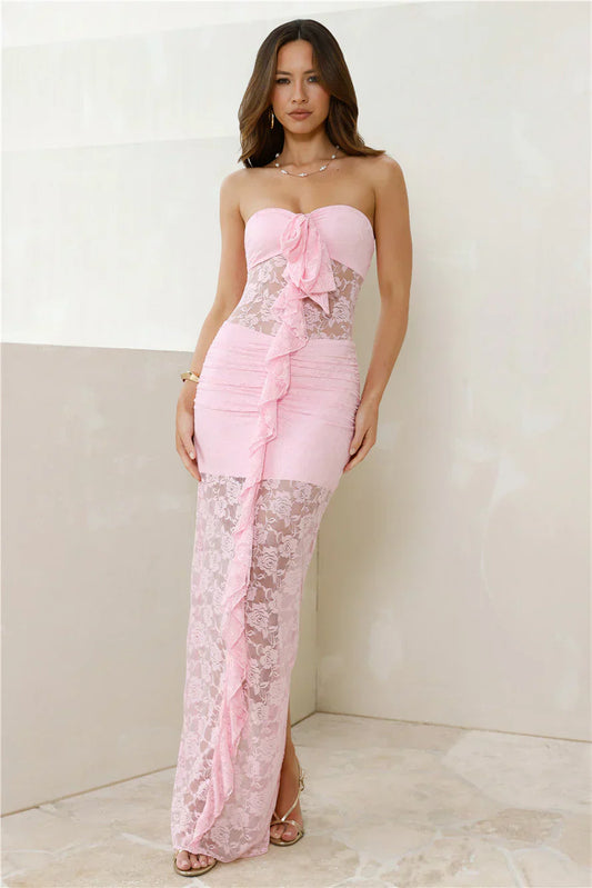 Princess Perks Strapless Lace Maxi Dress Pink
